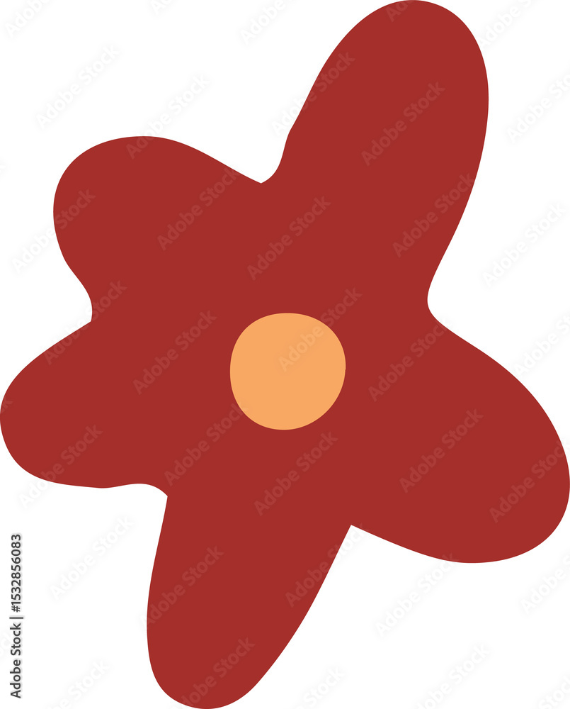 Poster stylized red flower shape is floating on transparent background and is highlighting yellow center