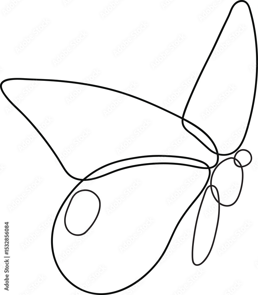 Poster abstract butterfly is forming in continuous line art with looping curves on transparent background
