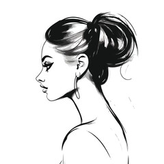 Professional Black and White Portrait of Woman with Ponytail in Profile View