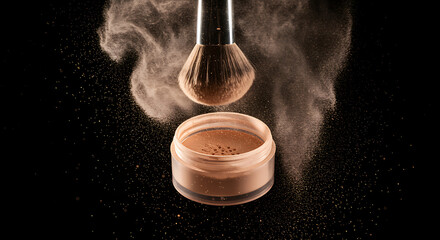Powder brush and loose powder container isolated on black background for beauty concept, powder, loose powder, makeup, brush, cosmetic, beauty, black background, container, studio shot, face powder, e