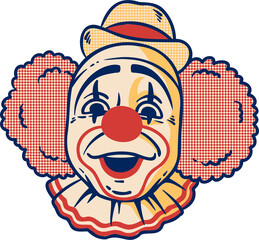 Stylized clown face is showing pop art, red nose, straw hat, ruffled collar, transparent background