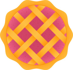 Pie is being shown overhead in flat design with golden lattice crust, pink filling, clear backdrop