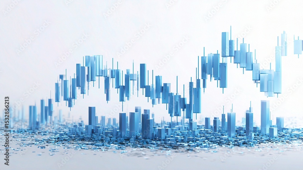 Poster 3d blue financial data visualization with candlestick chart elements