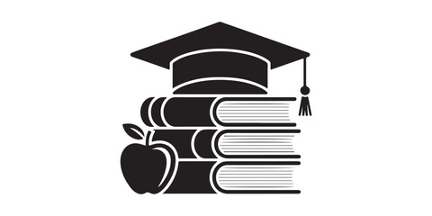 Graduation cap on stack of books with apple
