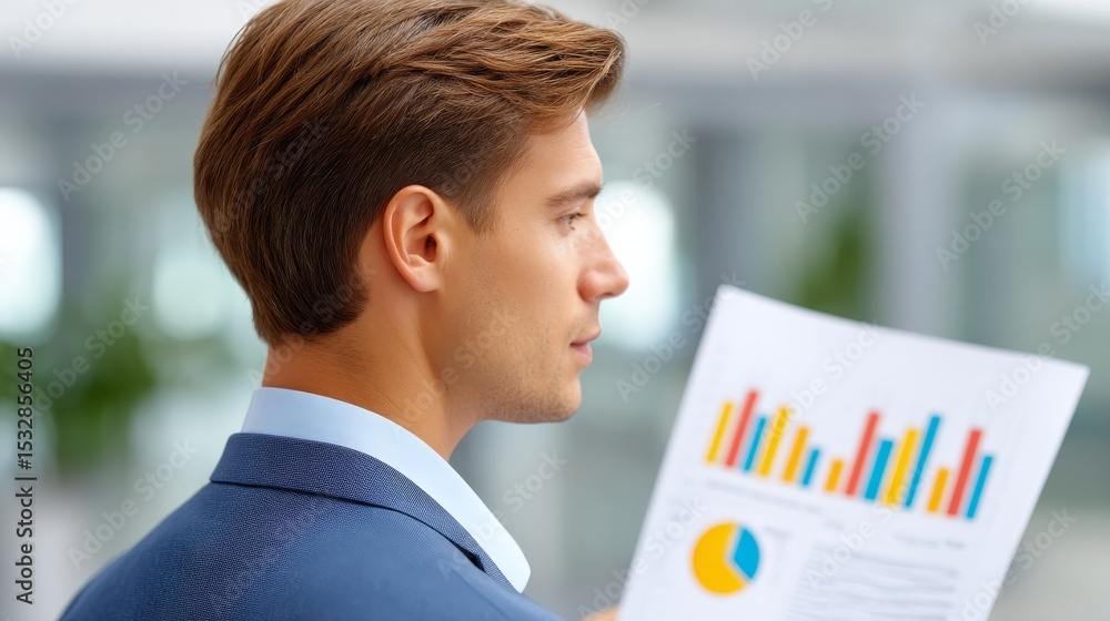 Poster business executive analyzing data from a detailed report with colorful charts in a modern office set