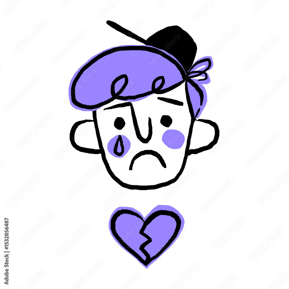 Poster flat design is showing sad purple-haired head with tear and broken heart on transparent background