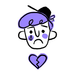 Flat design is showing sad purple-haired head with tear and broken heart on transparent background