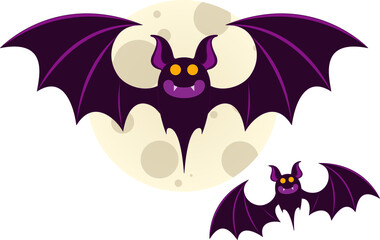 Two stylized purple bats are flying under full moon in cartoon illustration, transparent background