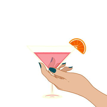 Naklejki Slim hand is holding pink cocktail in flat-style with orange slice garnish, transparent background