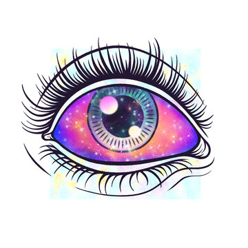 Naklejki Flat design is showing cosmic eye floating on clear background with galaxy iris and star-dot square