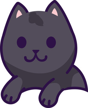 Fototapeta Dark gray cartoon cat is resting on transparent background in flat design, featuring purple outline