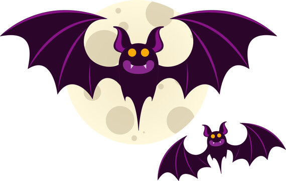 Naklejki Two stylized purple bats are flying under full moon in cartoon illustration, transparent background