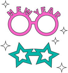 Fototapeta premium Vector showing party glasses with sparkles on transparent background with pink New Year, teal stars