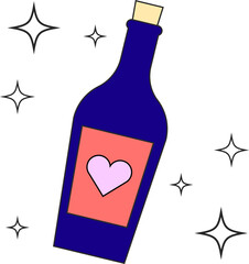 Fototapeta premium Dark blue corked bottle is showing flat, coral-red pink-heart label and star sparkles, transparent