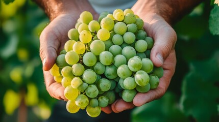 hands holding a large bunch of green grapes, vineyard view, morning light generative ai