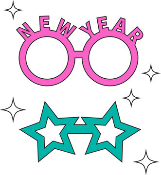 Naklejki Vector showing party glasses with sparkles on transparent background with pink New Year, teal stars