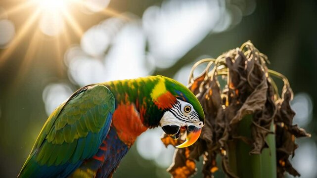 Colorful parrot eating from dry plant in sunlit jungle setting  