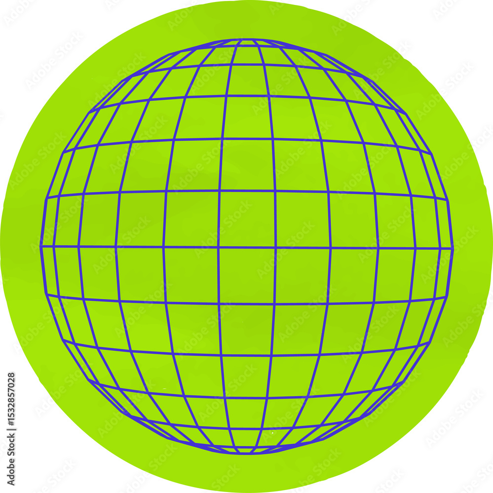 Poster flat design showing lime green disk curving into purple wireframe sphere, transparent background