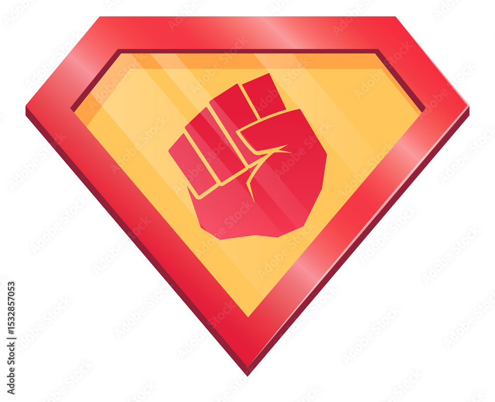 Poster vector shield badge is showing red-to-yellow gradient and raised fist icon on transparent backdrop