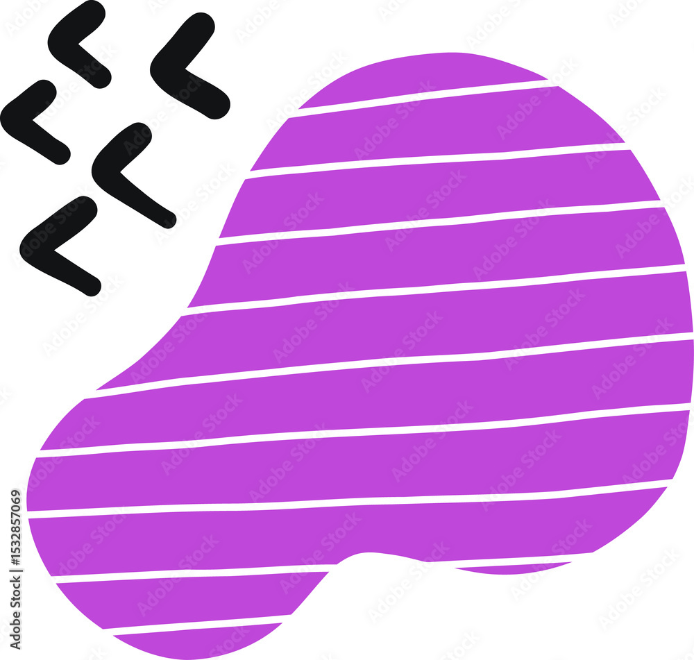 Poster flat design purple blob is floating on transparent backdrop showing stripes and black chevrons