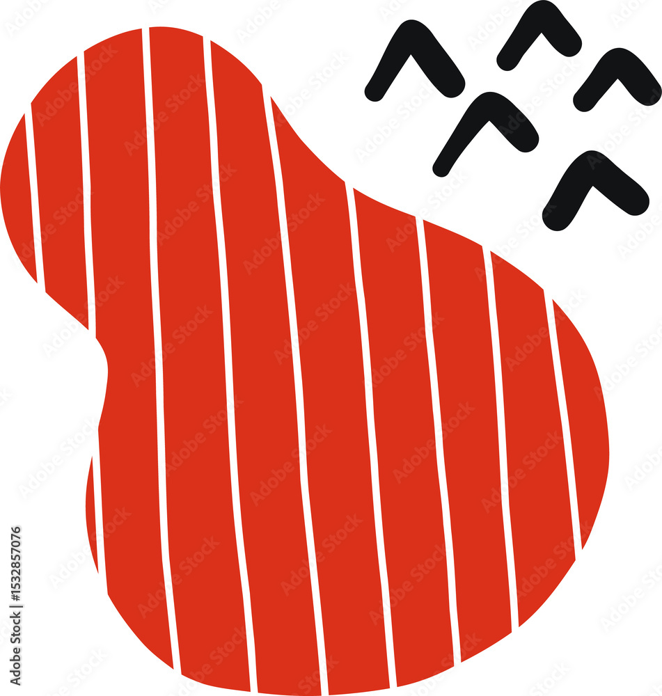 Poster abstract red blob shape is floating on transparent background, featuring black chevron motifs