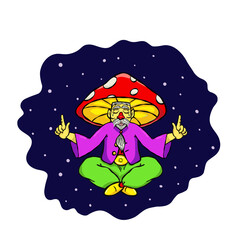 Bearded guru in red mushroom hat is floating in starry cloud in flat design, transparent background