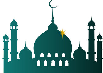 Stylized mosque outline is showing gradient with transparent backdrop, crescent dome and gold star