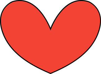 Stylized red heart symbol is floating on transparent background, featuring thick black outline