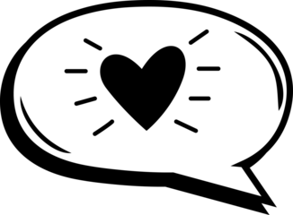 Cartoon style speech bubble is showing radiating heart icon on transparent background, copy space