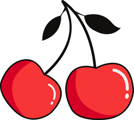 Pair of flat-design cherries hanging from black stems with leaves on transparent background