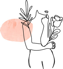 Silhouette is holding rose and branch in line art against peach oval accent on transparent canvas