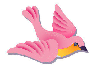 Pink bird is flying in flat vector style on transparent backdrop, with yellow chest, purple beak
