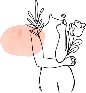 Fototapeta Silhouette is holding rose and branch in line art against peach oval accent on transparent canvas