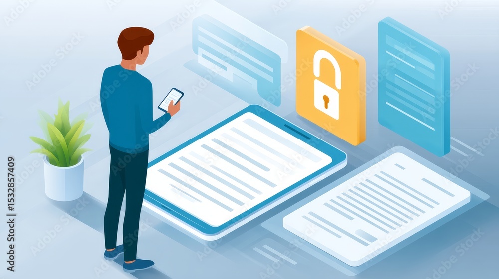 Poster person navigating digital documents and security icons while using smartphone in modern workspace