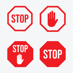 Red Stop Sign Vector Set. Traffic and Safety Icons Collection