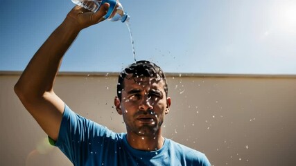 Man pouring water over his head during hot weather as a concept of heat - Powered by Adobe