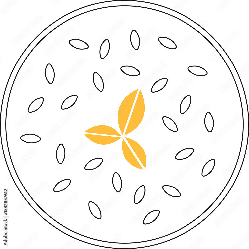 Poster abstract circular icon showing scattered ovals with core golden leaf motif on transparent backdrop