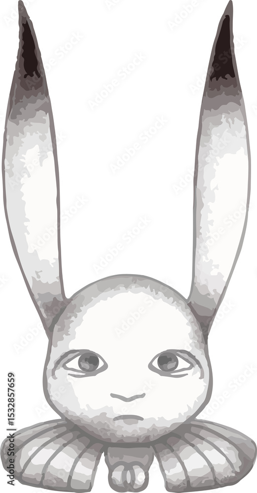 Poster grayscale rabbit head is floating on transparent background, with elongated ears and ruffle collar