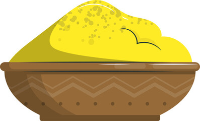 Vector illustration is depicting wood bowl with yellow spice on transparent background, copy space