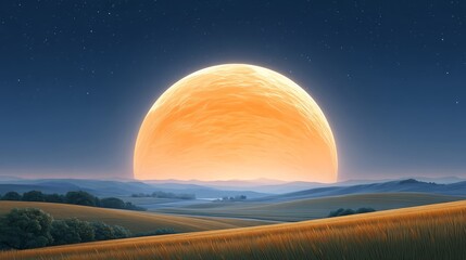 Fototapeta premium Surreal Landscape Featuring a Giant Glowing Moon Resembling Cheese Above Rolling Hills During Twilight