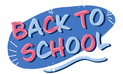 Flat design BACK TO SCHOOL letters are floating on transparent canvas with blue oval, white accents