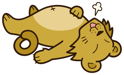 Cartoon lion is lying on back in flat design, emitting breath puff on transparent background