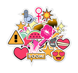Pop art sticker collage is being shown on transparent background, featuring hearts stars boom icons