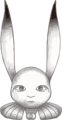 Grayscale rabbit head is floating on transparent background, with elongated ears and ruffle collar