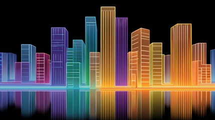 Obraz premium Vibrant Cityscape Silhouette Glowing with Rainbow Colors Against a Black Background
