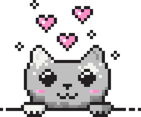 Obraz premium Gray pixel art cat peeking over ledge, pink hearts, black pixel crosses on transparent background
