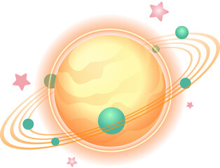 Fototapeta premium Vector art showing planet yellow core halo orange rings green orbs pink stars transparent backdrop