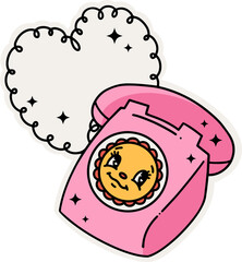 Flat design is showing pink phone sun face sparkly speech bubble transparent background, copy space