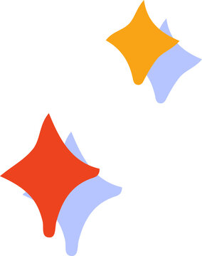 Naklejki Abstract flat four-point stars are floating with red orange lavender shapes on transparent backdrop