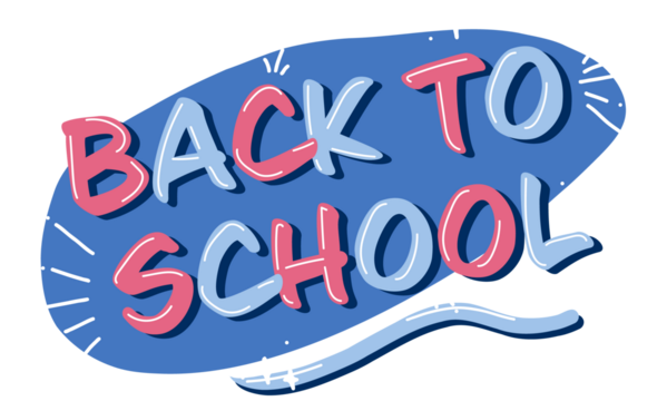 Flat design BACK TO SCHOOL letters are floating on transparent canvas with blue oval, white accents